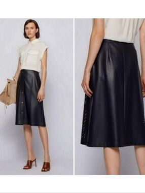 Hugo Boss Vefy Faux Leather A-Line Snap Front Skirt Navy US 4
